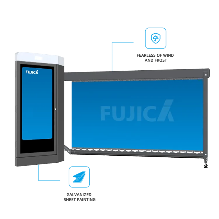 Digital security gate by Fujica with a blue screen displaying the logo, labeled “fearless of wind and frost” and “galvanized sheet painting” to highlight weather resistance and durable construction.