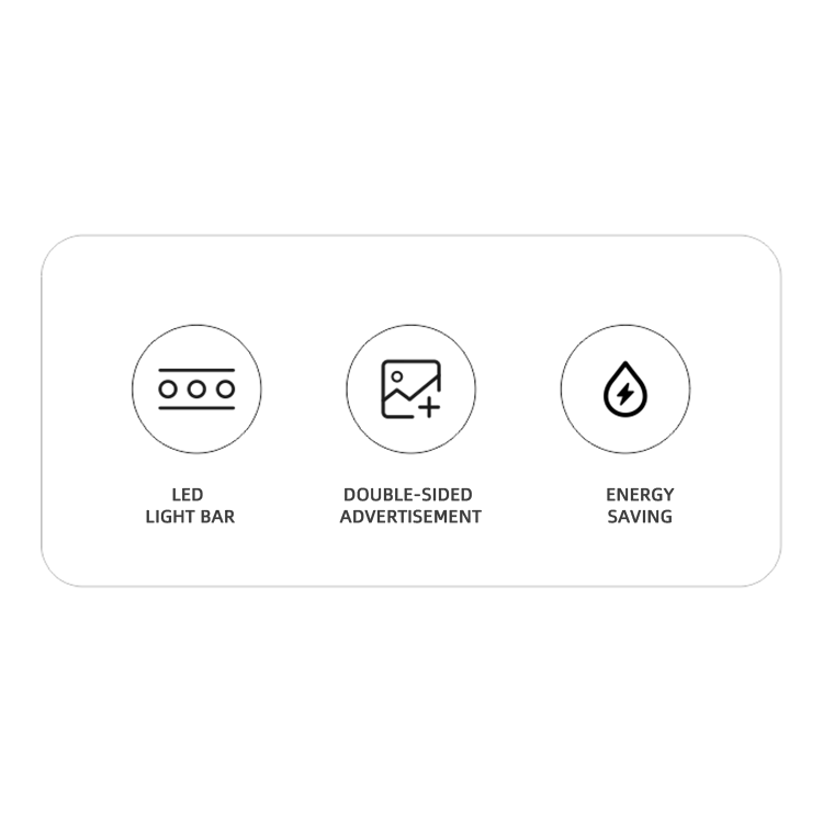 Three icons with labels: LED Light Bar with a bar icon, Double-Sided Advertisement with a two-sided graphic icon, and Energy Saving with a flame inside a droplet icon.