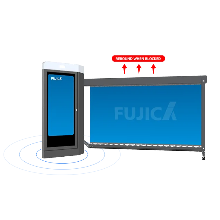 An automatic security gate by FUJICA features a blue panel with a screen on the left and a safety mechanism that rebounds when blocked, indicated by red arrows and text above the gate.