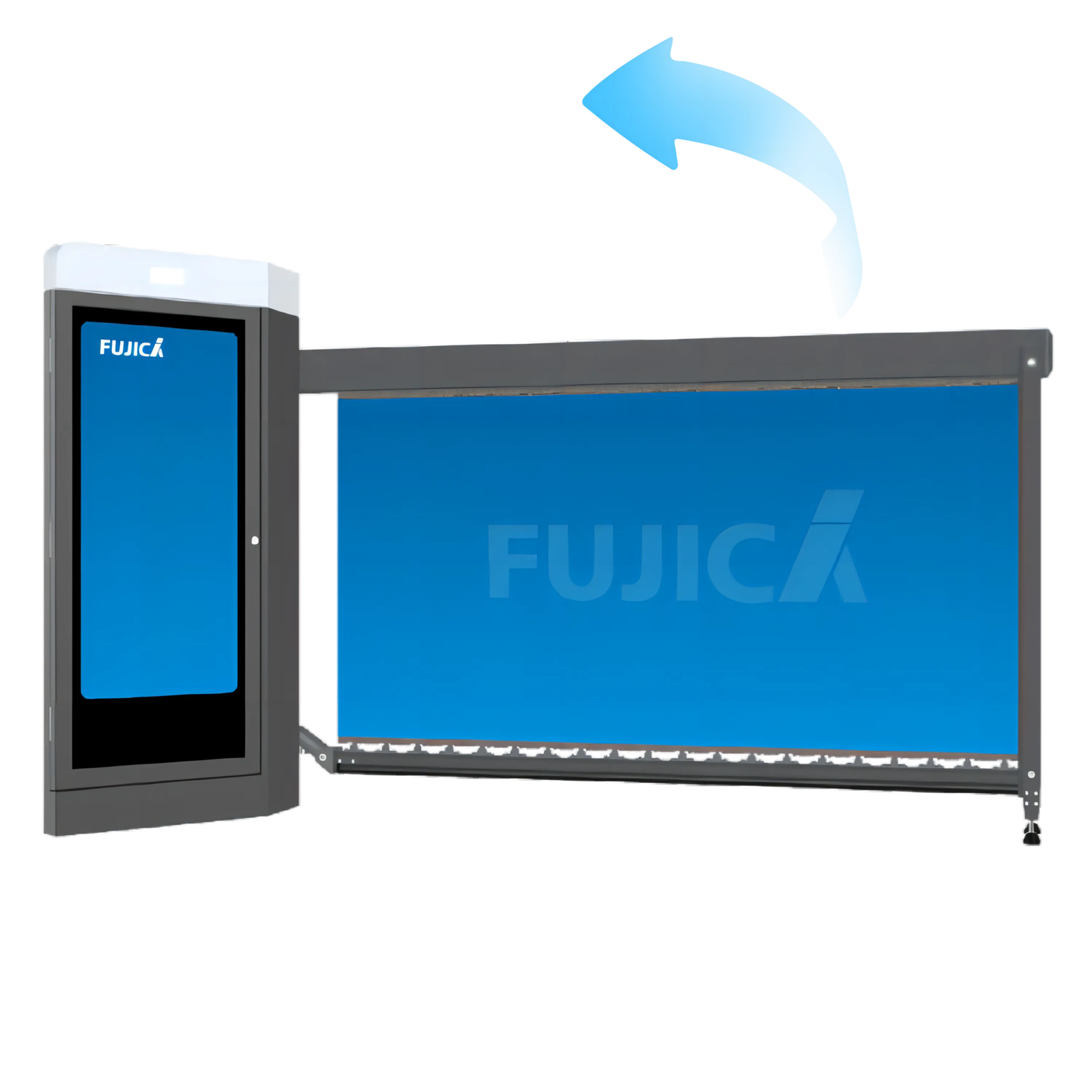 A Fujica-branded automated gate system with a blue retractable barrier extending horizontally, and a blue arrow above indicating the direction of movement.