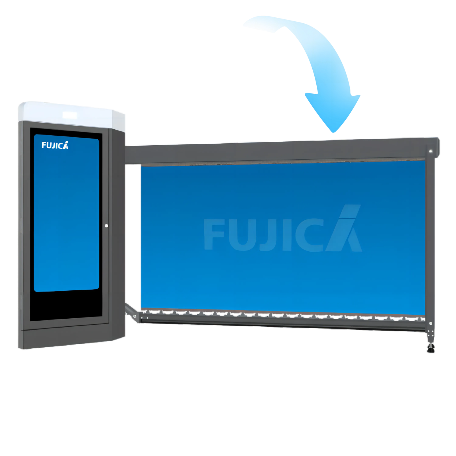 A black and blue Fujica automated gate system with a digital display and a horizontal barrier arm, partially raised, with a blue arrow indicating its upward movement.