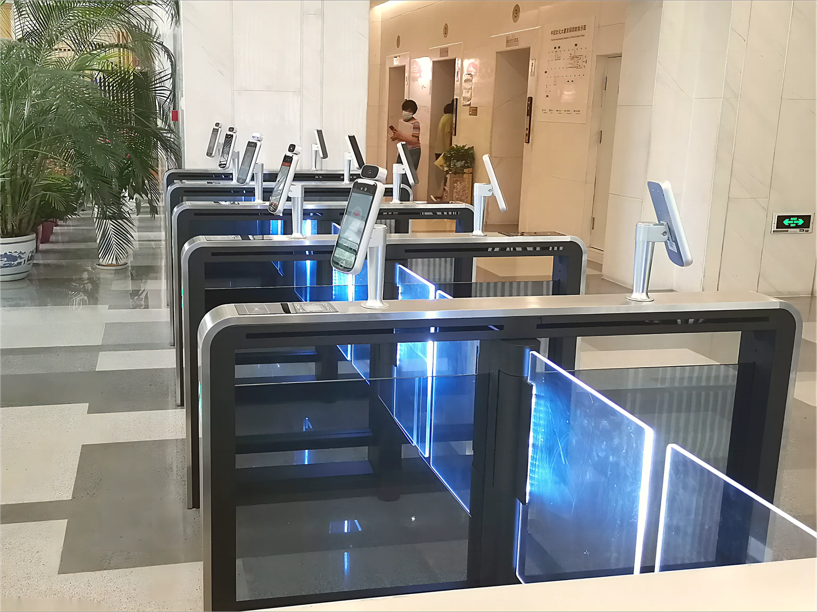 FUJICA flap gate with face recognition terminal installed office building lobby access control system